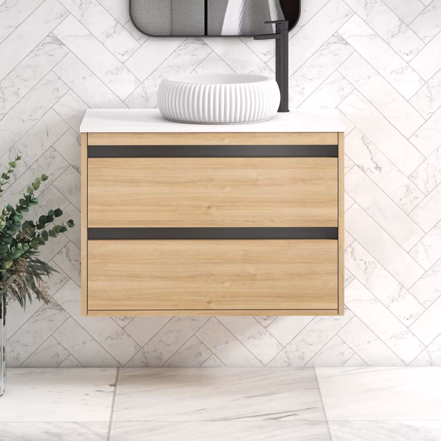 Royal Bathrooms Orion 800mm Wall Hung Vanity Unit in Natural Oak with Plain White Milan Basin and Black Accent Trim