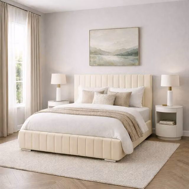 Desire Deco Plush Velvet Upholstered Bed Frame in Beige, W/D/H: 120 x 200 cm