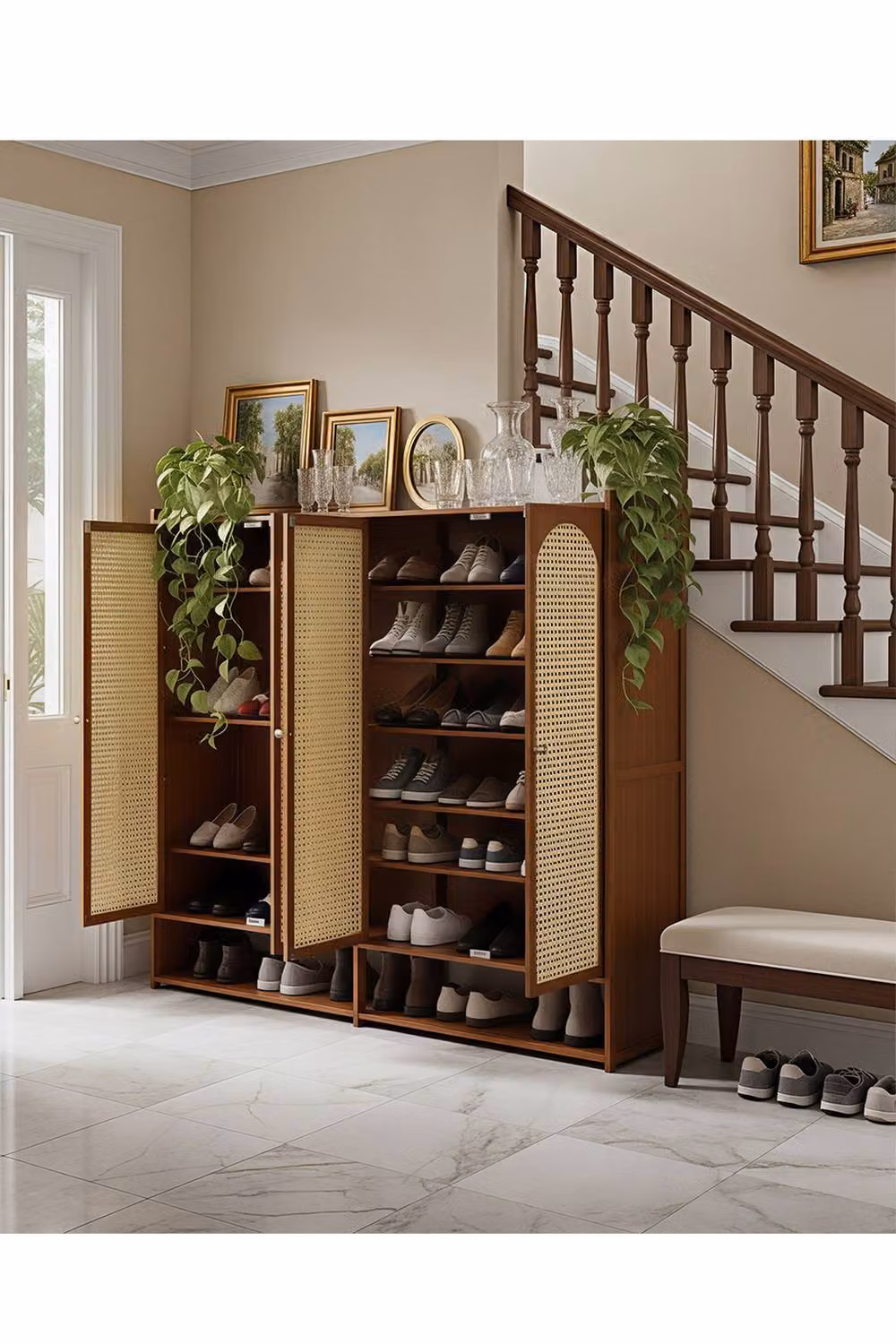H&O Direct Rustic Brown Shoe Storage Cabinet with Hinged Rattan Doors and Internal Shelves – 2