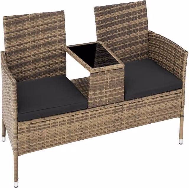 tectake Outdoor Rattan Bench with Integrated Table and Cushions, W/D/H: 133 x 63 x 84 cm, Nature/Grey – 1