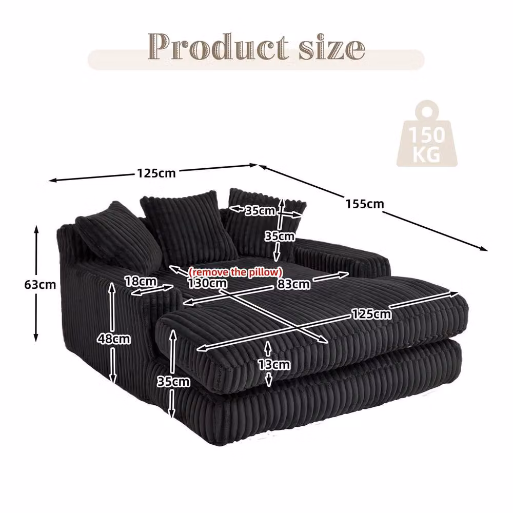 Direct Wicker Modern Oversized Upholstered Chaise Lounge Sofa with 2 Scatter Cushions in Black – 2