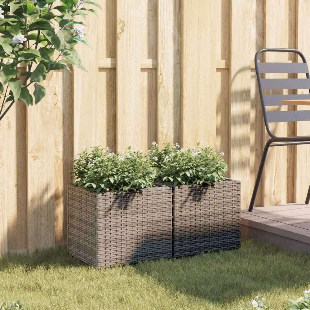 Berkfield Home Set of 2 Grey Poly Rattan Garden Planter Tubs, W: 36 cm, D: 30 cm, H: 32 cm – 3
