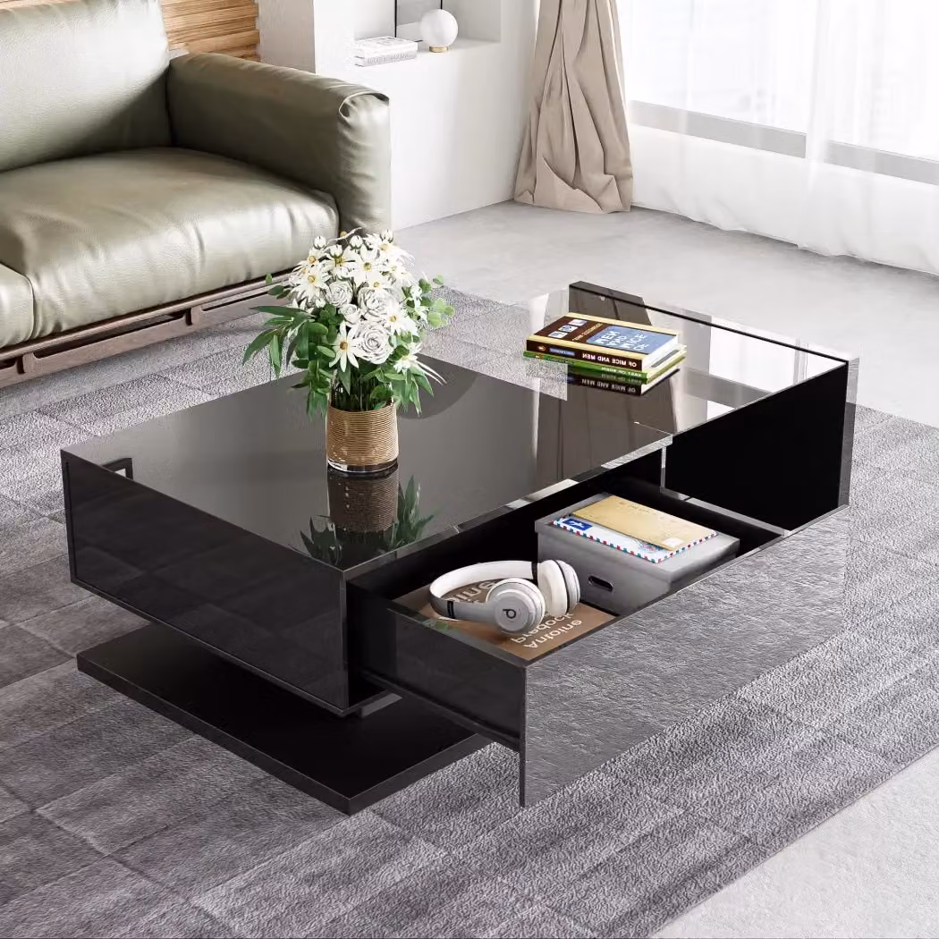 Aosom UK Modern Black High Gloss Coffee Table with 16-Colour LED Lights and Storage – 3