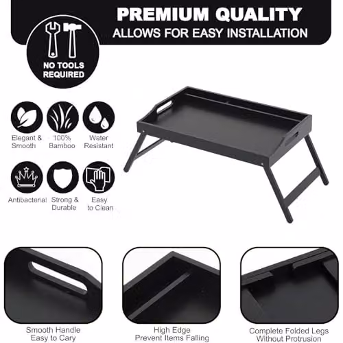 MantraRaj Bamboo Bed Tray Table with Foldable Legs and Carrying Handles, Black, W/D/H: 50.0 x 30.0 x 66.0 cm – 2