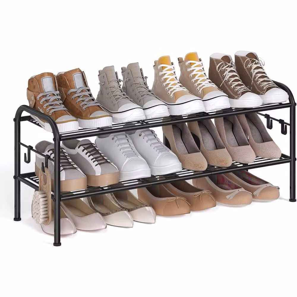 The Bazaarist 2 Tier Metal Shoe Storage Rack with Adjustable Shelves and Hooks in Matt Black – 2