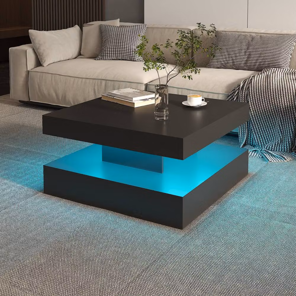 KEEPREAPER Modern Black Square Coffee Table with Storage and LED Light, W/D/H: 78 x 40 x 78 cm – 6