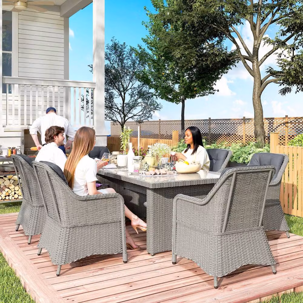 OUTSUNNY 6 Seater Rattan Dining Set with Glass Top Table and Cushions in Grey – 5