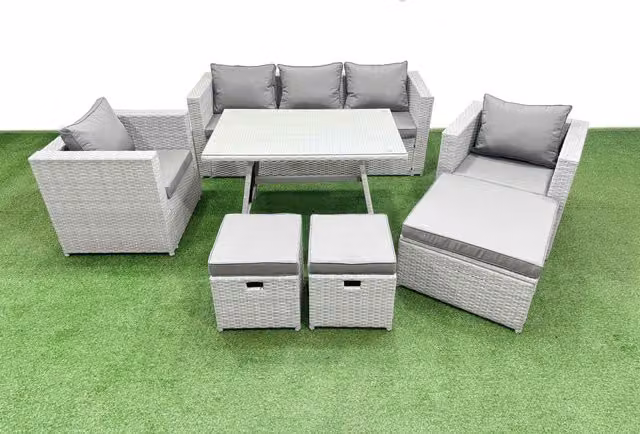 Fimous 8 Piece Outdoor PE Rattan Sofa Armchair Set with 3 Stools in Light Grey