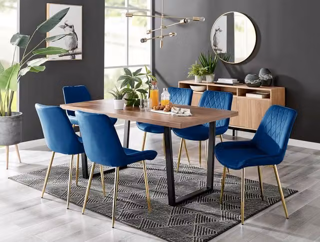 FurnitureboxUK Kylo Brown Wood Effect Dining Table and 6 Pesaro Navy Chairs with Gold Legs