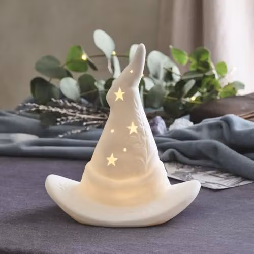 Lights4fun White Porcelain LED Witches Hat Tabletop Halloween Decoration – 2