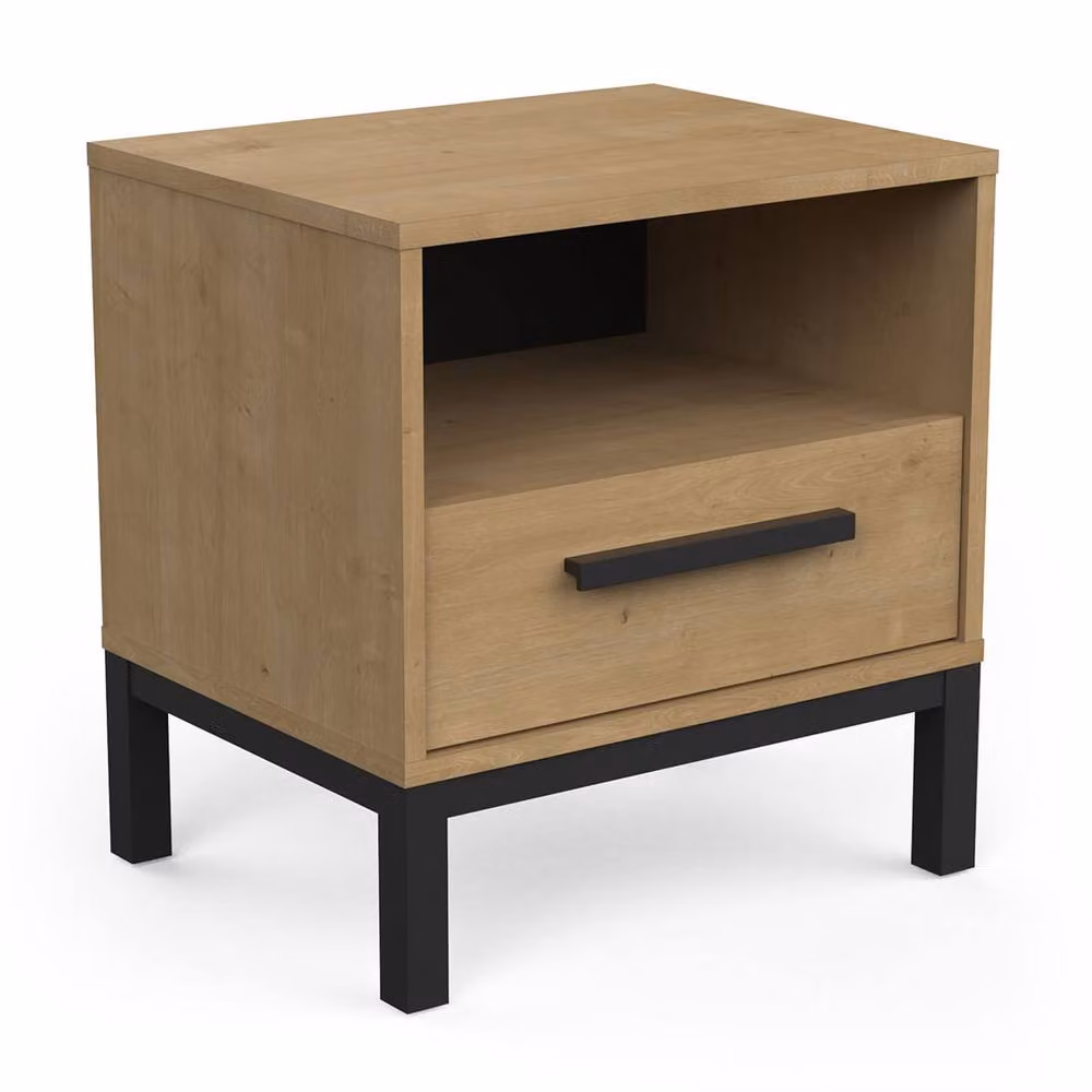 CALICOSY Bedside Table with 1 Drawer and 1 Niche in Light Brown Oak and Matte Black Finish – 3