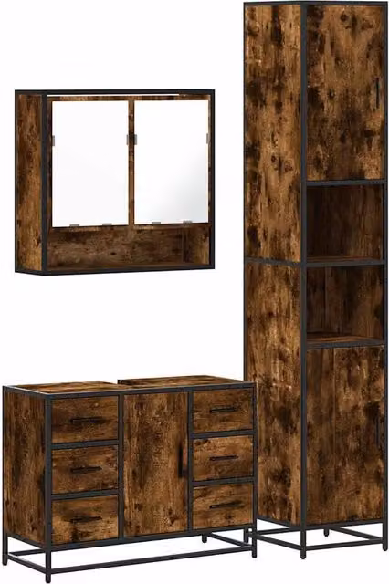 Berkfield Home 3 Piece Industrial Bathroom Furniture Set in Brown Smoked Oak – 1