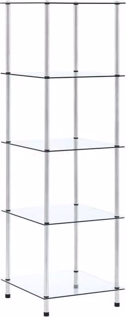 Berkfield Home 5-Tier Transparent Tempered Glass and Metal Shelf, Clear, W/D/H: 40 x 40 x 130 cm