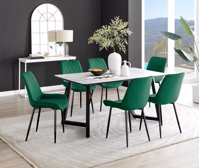 FurnitureboxUK Carson White Marble Effect Dining Table and 6 Pesaro Green Velvet Chairs with Black Legs – 1