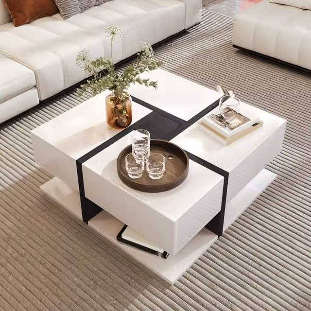 ModernLuxe Modern Square Coffee Table with 4 Drawers and Bottom Storage in White – 1