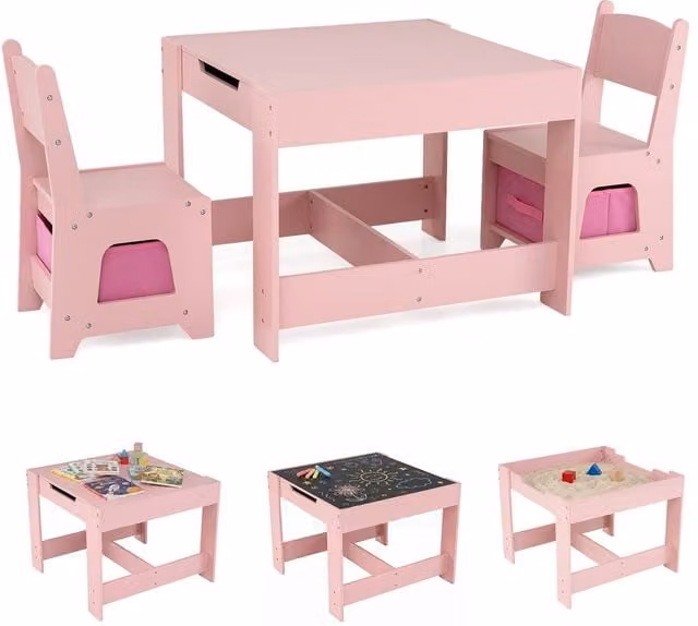 Gymax Childrens Activity Table and 2 Chairs Set with Reversible Dual-Sided Pink Tabletop