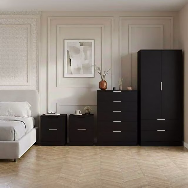 Vida Designs Trega 4-Piece Black Bedroom Set including Wardrobe, 5-Drawer Chest and 2 Bedside Tables – 1