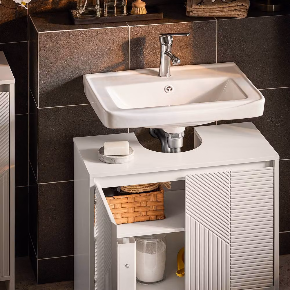 SoBuy Modern White Under Sink Bathroom Cabinet with Hinged Doors and Internal Shelves – 3