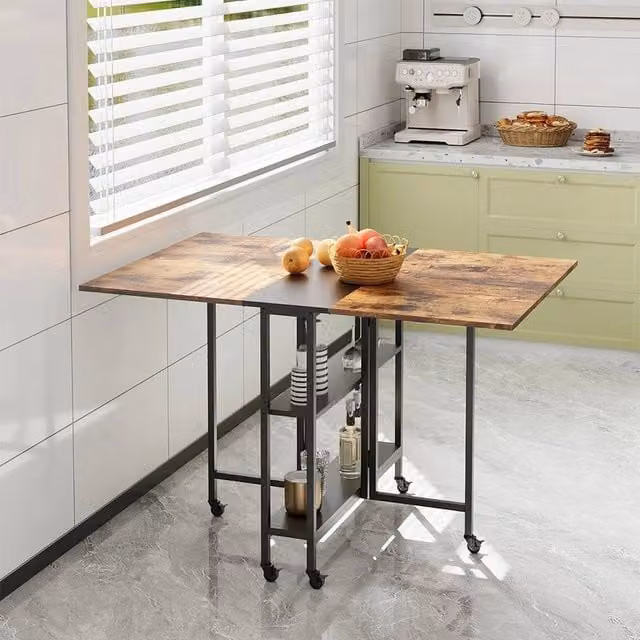 EONLION Brown Rustic Wood Folding Drop Leaf Dining Table with Castors, Width: 100 cm – 1