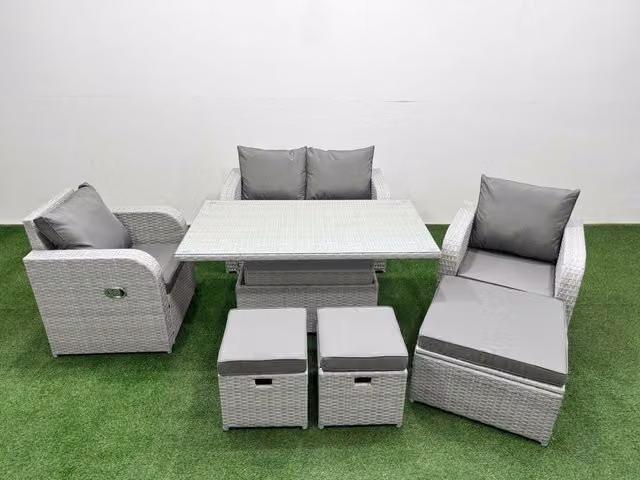 Fimous 7 Seater Light Grey PE Wicker Rattan Garden Furniture Set with Reclining Chairs and Adjustable Table