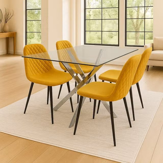 Kosy Koala Modern Rectangular Glass Dining Table with 4 Chairs in White and Yellow