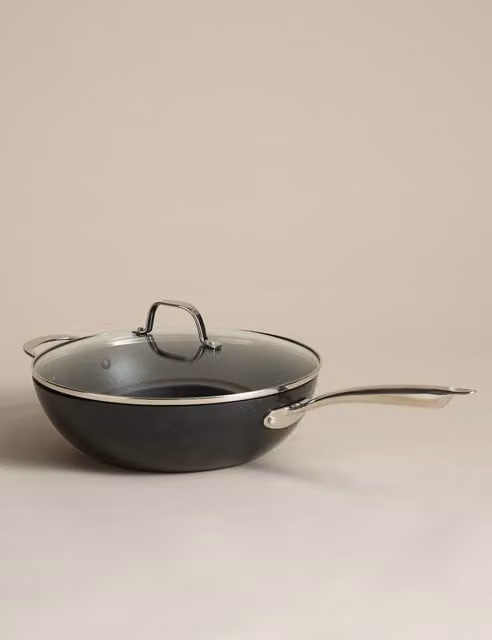 M&S Non-Stick Pro Black Aluminium Wok with Glass Lid, 30 cm