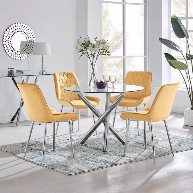 FurnitureboxUK Selina Round Glass Dining Table and Four Pesaro Upholstered Chairs in Yellow with Silver Legs