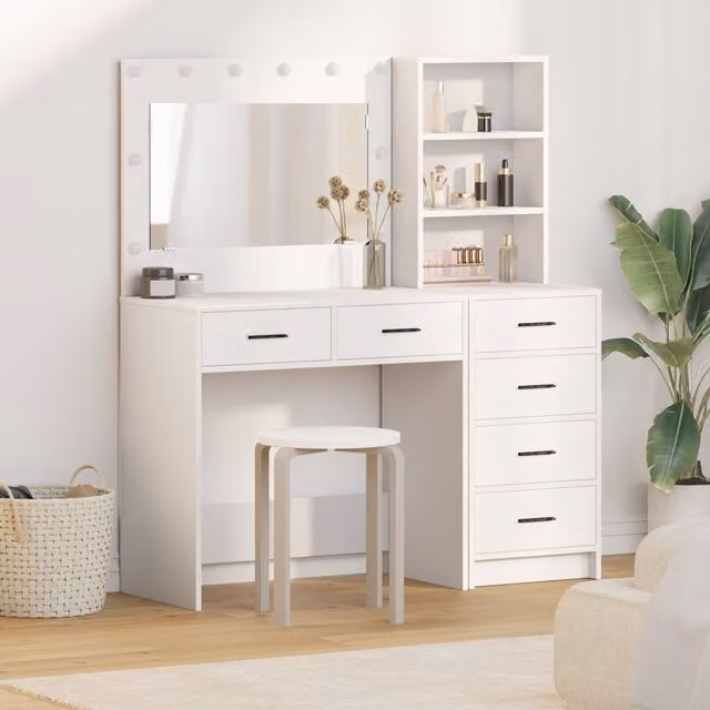 Berkfield Home Hollywood LED 2 Piece Dressing Table Set in White Matt MDF