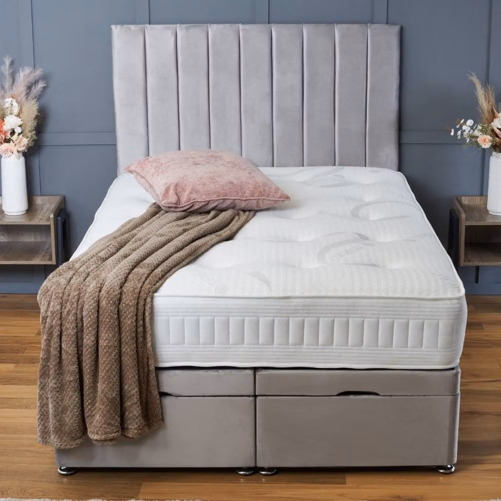 BSSPOKE Aria Super King Ottoman Divan Bed with 54 inch Panel Headboard and Mattress in Blue Plush Velvet – 1