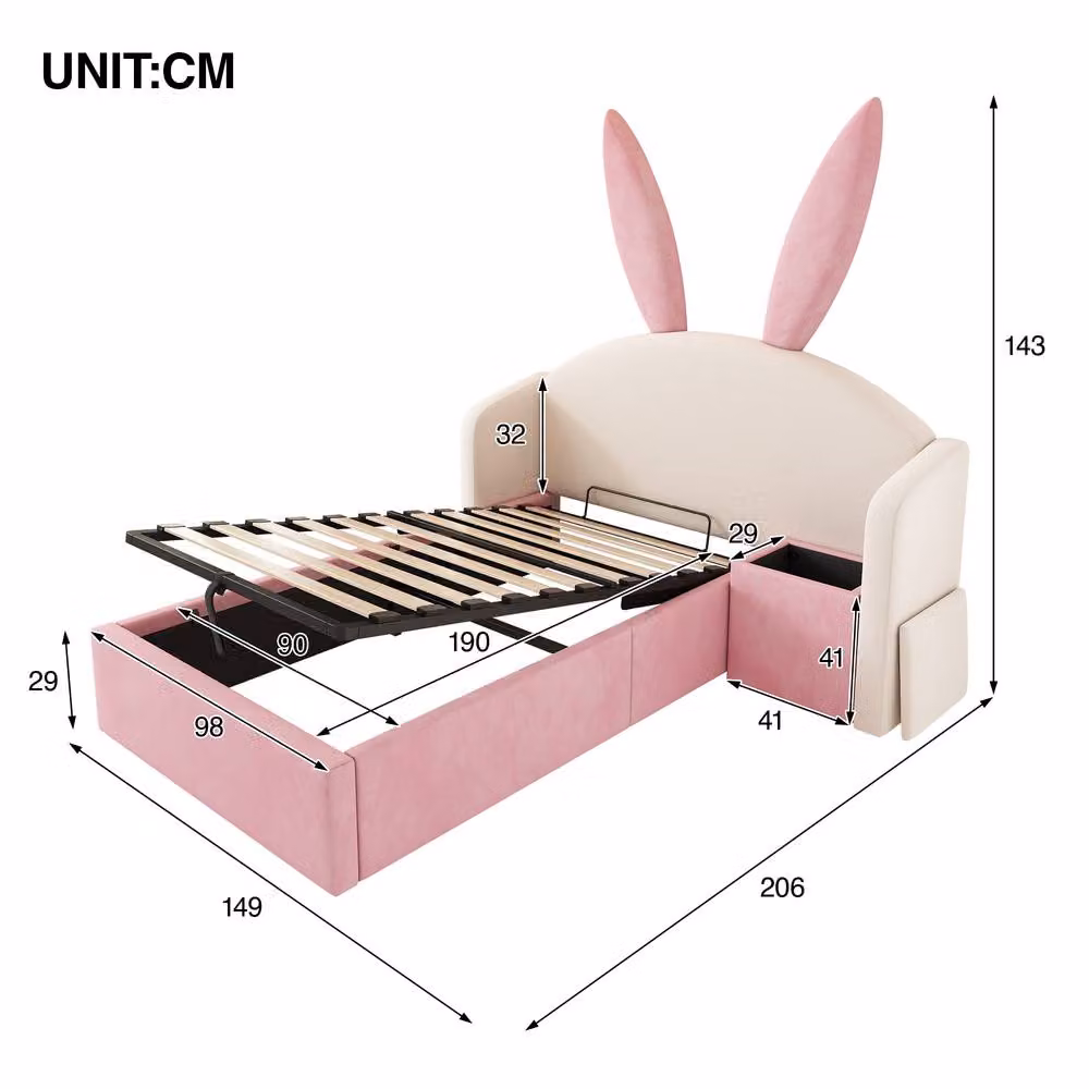 BTM Pink Velvet Bunny Kids Single Bed with Hydraulic Storage, W/D/H: 90 x 190 x 149 cm – 2