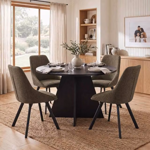 FWStyle Round Black Oak Dining Table and 4 Green Swivel Dining Chairs Set