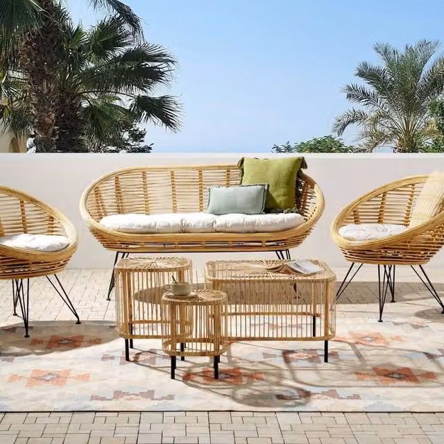 Wyld and Coco 4-Seater Rattan Outdoor Sofa Set with Beige Cushions and Coffee Table