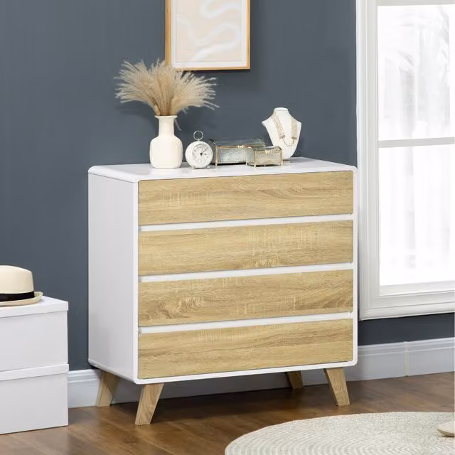 HOMCOM 4 Drawer Chest of Drawers Oak Storage Cabinet Organiser