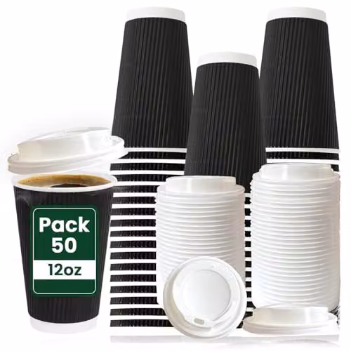 ECONX 50 x 12oz Black Ripple Triple Wall Disposable Paper Coffee Cups with White Sip Through Lids