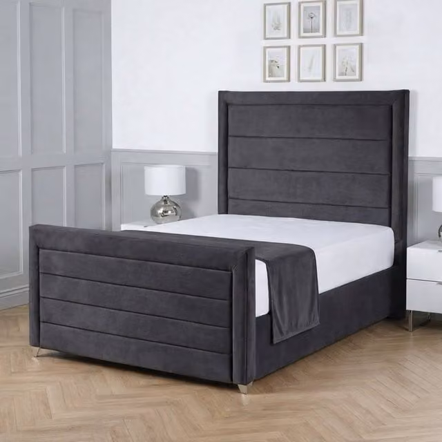 Living Comfort Bedz Selena Plush Velvet Upholstered King Size Bed with Slatted Base and 48 Inch Headboard in Charcoal Grey – 1