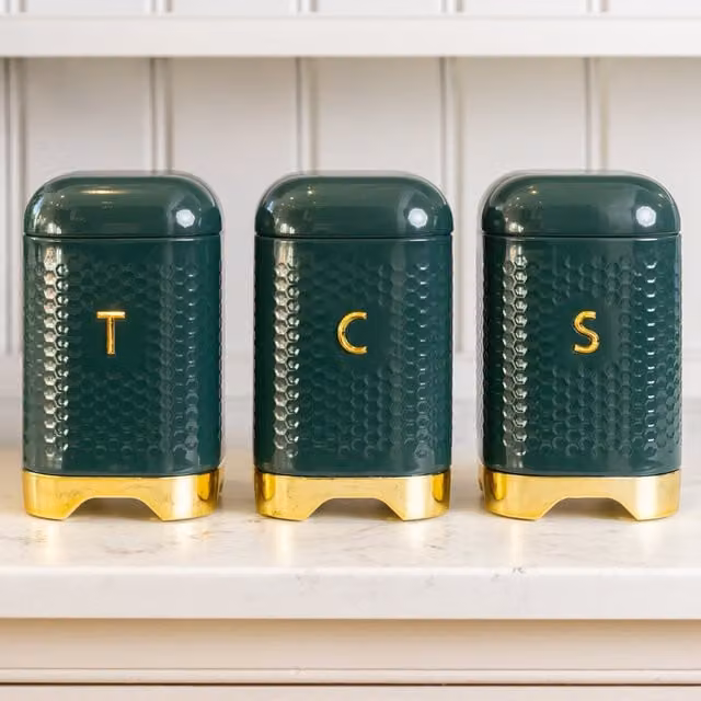 KitchenCraft Geometric Airtight and Leakproof 3 Piece Ceramic and Metal Canister Set in Green – 1