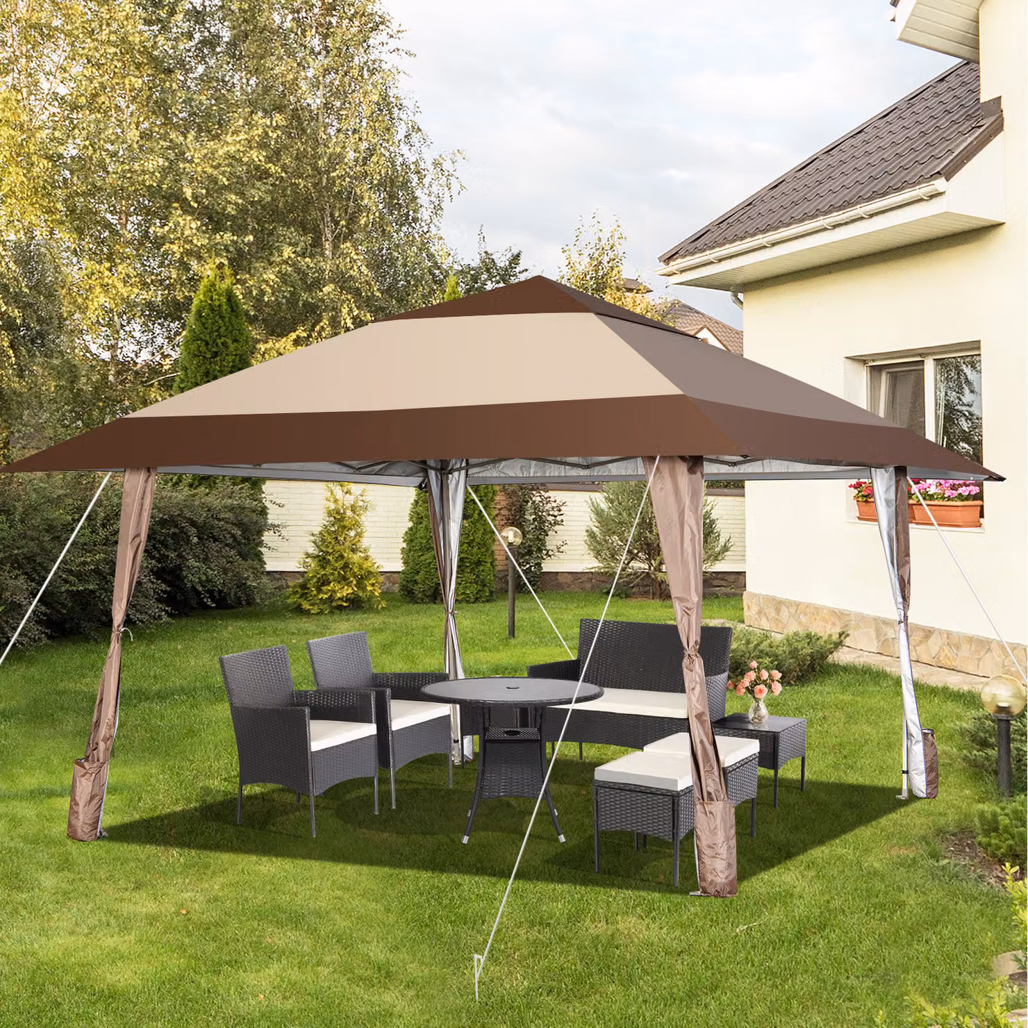 Costway Quick Folding Freestanding Patio Gazebo with UPF 50+ Protection, Brown and Silver, W: 300 cm, D: 300 cm, H: 285 cm – 2