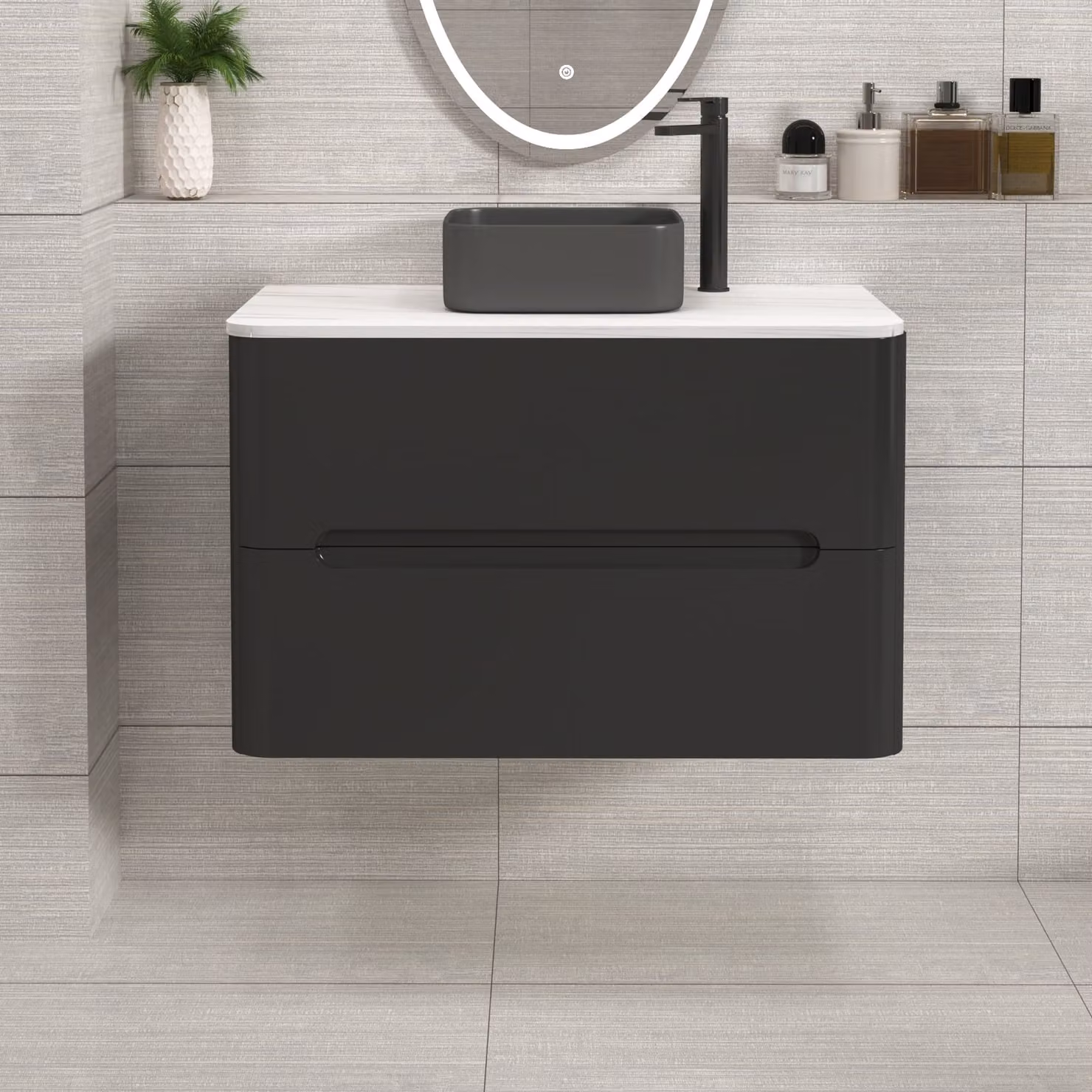 Royal Bathrooms Venice 800mm Matt Nocturne Black Wall Hung 2 Drawer Vanity Unit with Art Square Basin