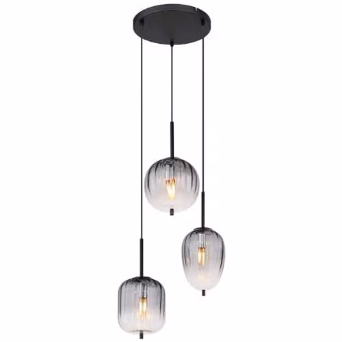 Globo Lighting Attila Cluster Pendant Lamp in Black Metal with Smoky Glass Shade, 3x E14 Bulbs, Height: 120 cm – 1