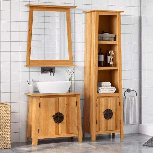 Berkfield Home 2 Piece Rustic Brown Solid Pine and Metal Bathroom Furniture Set with Vanity Unit and Hinged Doors