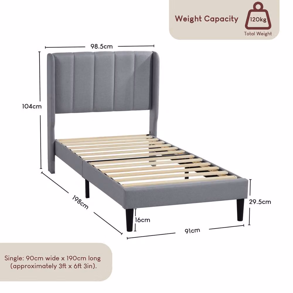 Vida Designs Vianna Fabric Bed Frame in Light Grey, Single, W: 90 cm x L: 200 cm – 2