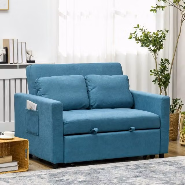 HOMCOM 2 Seater Blue Fabric Click Clack Sofa Bed with Scatter Cushions