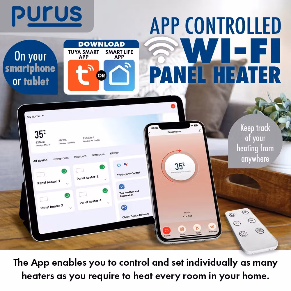 Purus 1200W WiFi Electric Convector Panel Heater, White, Wall Mounted or Freestanding, with App Control and Thermostat – 5