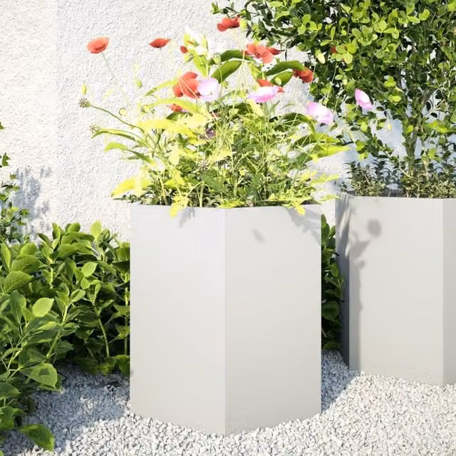 Berkfield Home Garden Hexagon Steel Planter Set, 2 Pieces, White, W: 46 cm, D: 40 cm, H: 45 cm – 1