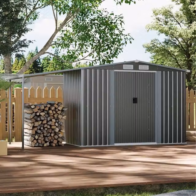 Livingandhome Open Gable Roof Metal Garden Shed with Firewood Rack in Dark Grey, W/D/H: 248 x 120 x 178 cm