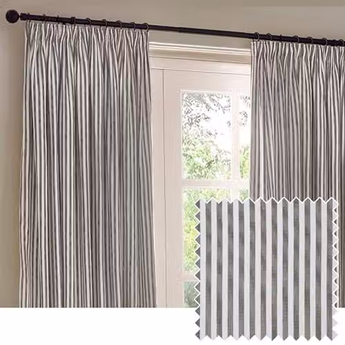Yard Hebden Striped Cotton Pencil Pleat Curtain Pair in Grey, W: 117 cm, H: 183 cm – 1