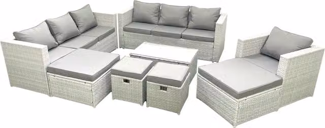 Fimous 8 Piece Rattan Garden Furniture Set with Sofa, Chairs, Coffee Table and 4 Footstools in Light Grey