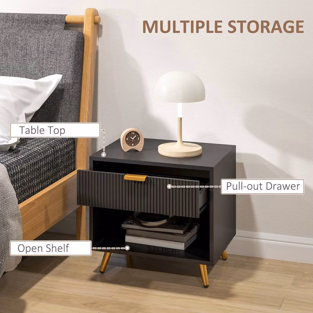 STILVORA Modern Bedside Table with Drawer and Shelf in Black and Gold – 5
