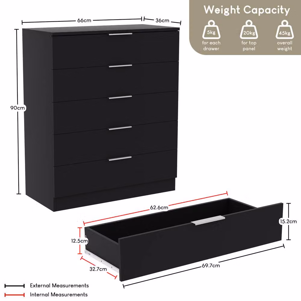 HD Designs Trega 5 Drawer Chest of Drawers in Black – 2