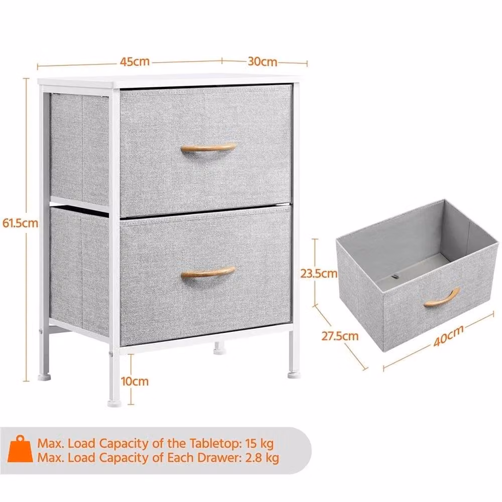 VOGREX Modern Grey Fabric Nightstand with 2 Drawers – 2